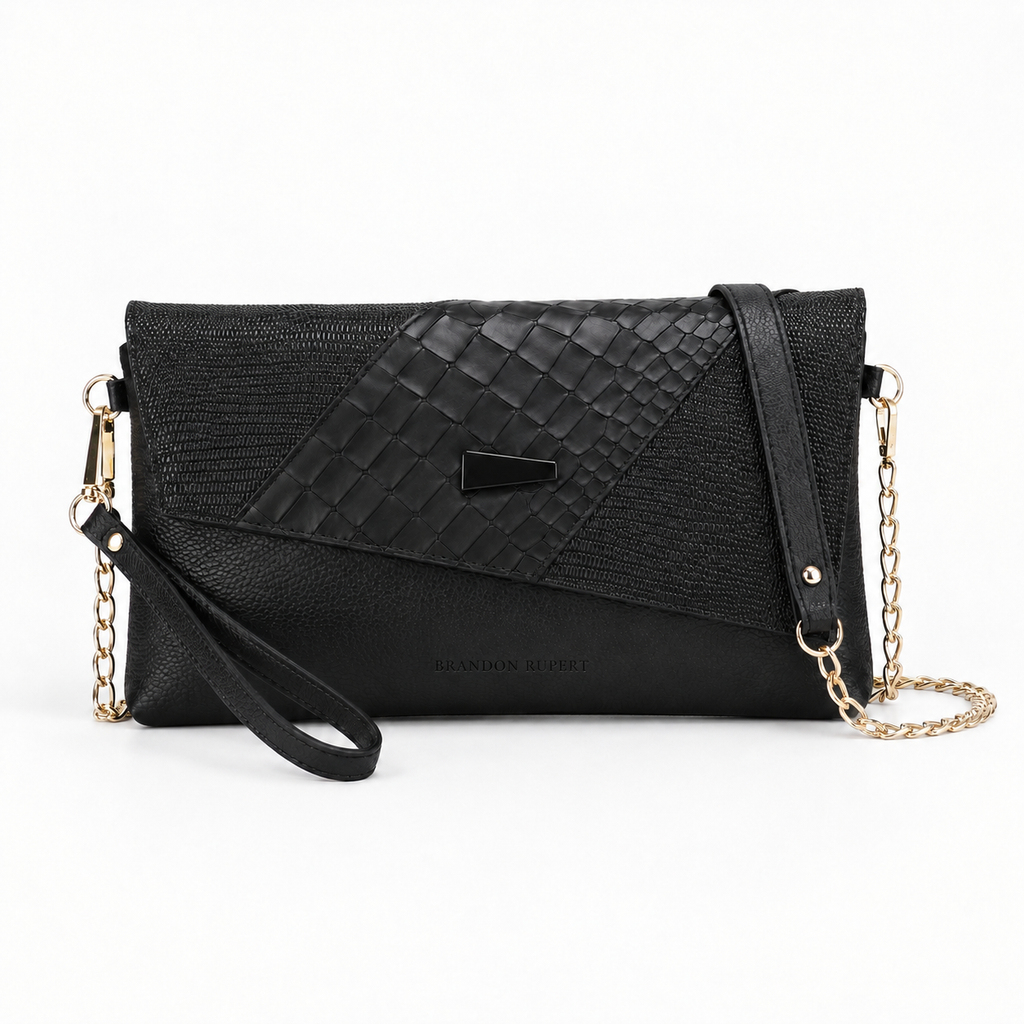 The Estelle Foldover Evening Clutch - Black textured - Main
