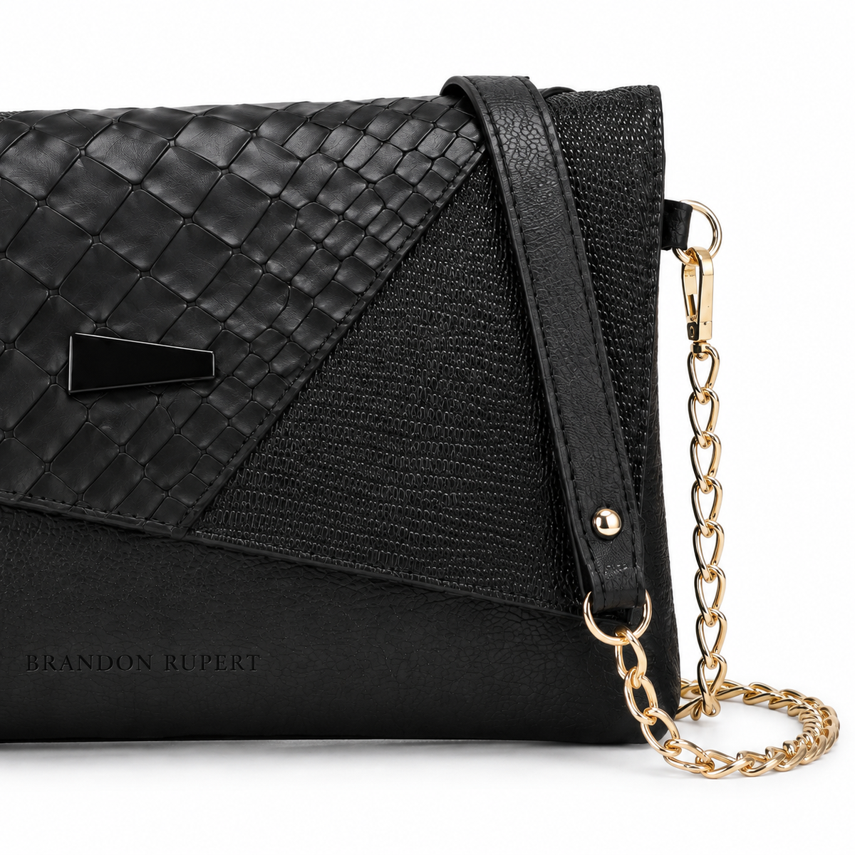 The Estelle Foldover Evening Clutch - Black textured - closure detail
