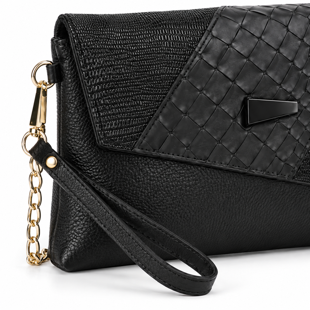 The Estelle Foldover Evening Clutch - Black textured - edge construction