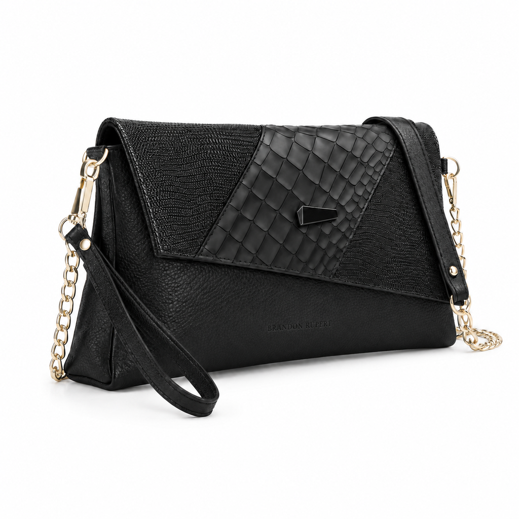 The Estelle Foldover Evening Clutch - Black textured - Detail