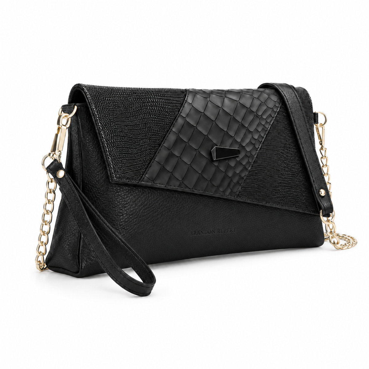The Estelle Foldover Evening Clutch - Black textured - Detail