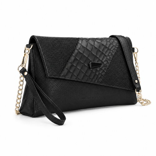 The Estelle Foldover Evening Clutch - Black textured - Detail