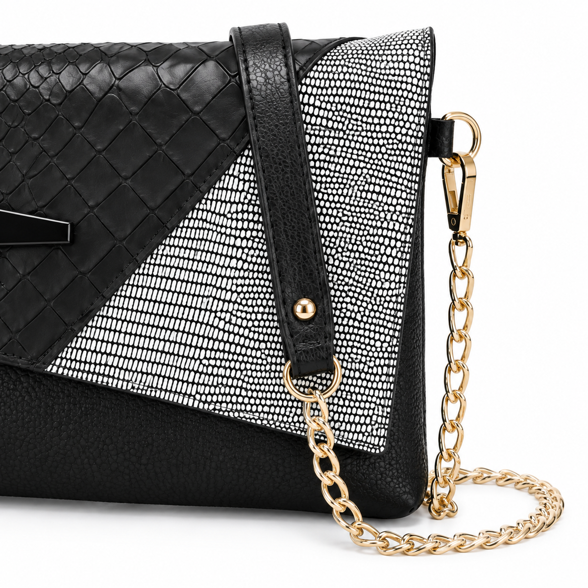 The Estelle Foldover Evening Clutch - White textured - White Lizard · Strap detail